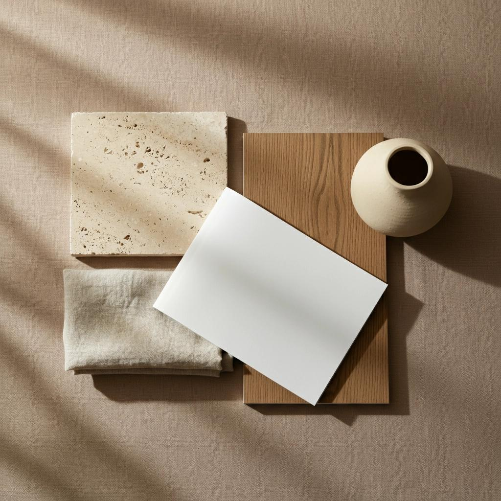 Stone, warm wood, linen, white paper and a ceramic vase in natural light