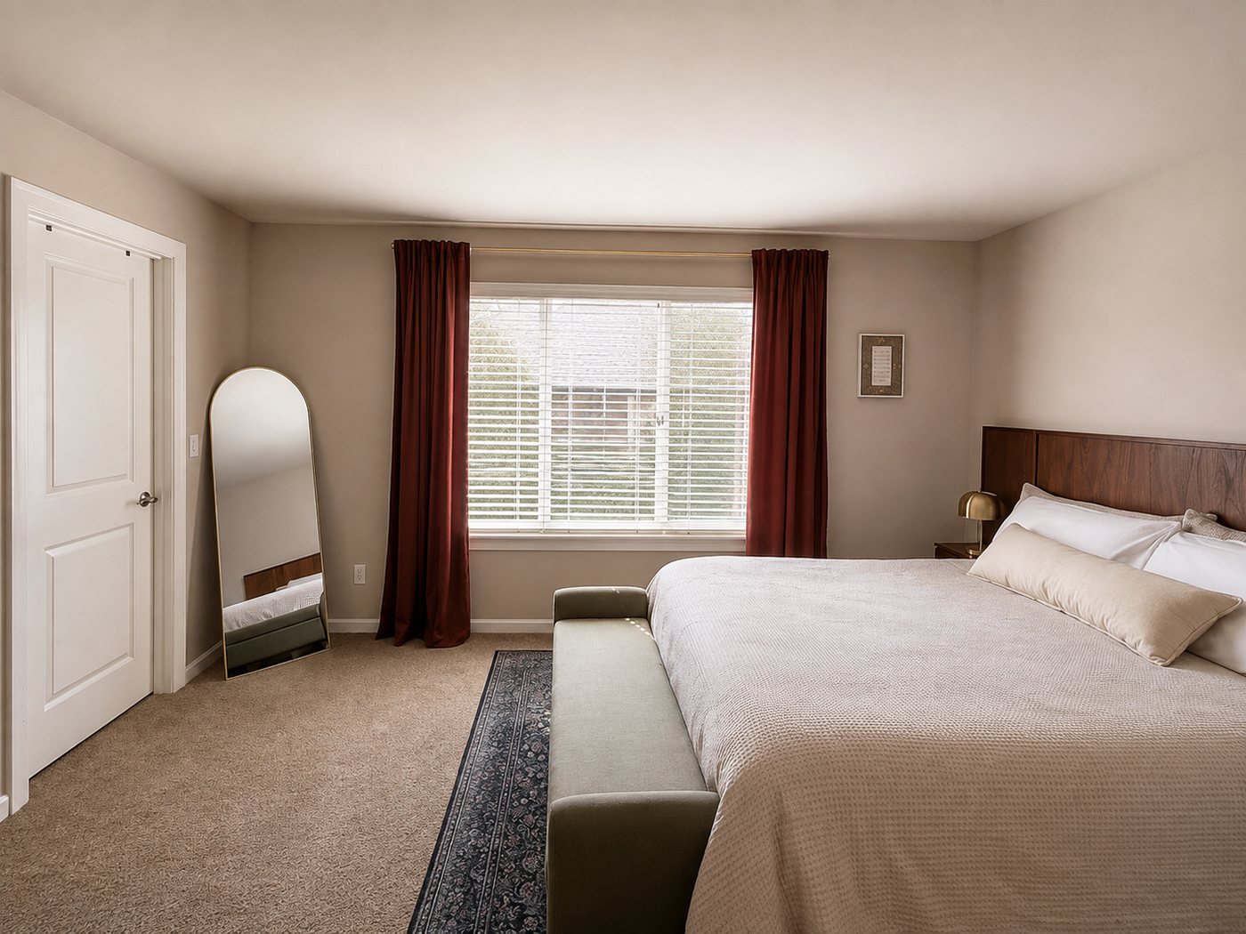 Bedroom perspective with window treatments and layered bedding