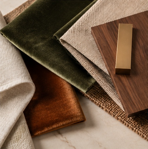 Olive, ivory and rust fabrics with walnut wood and a brass finish sample